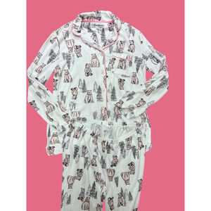 Dearfoams Women’s Bear Print Pajama Set Soft Luxury Button Top & Pants Small